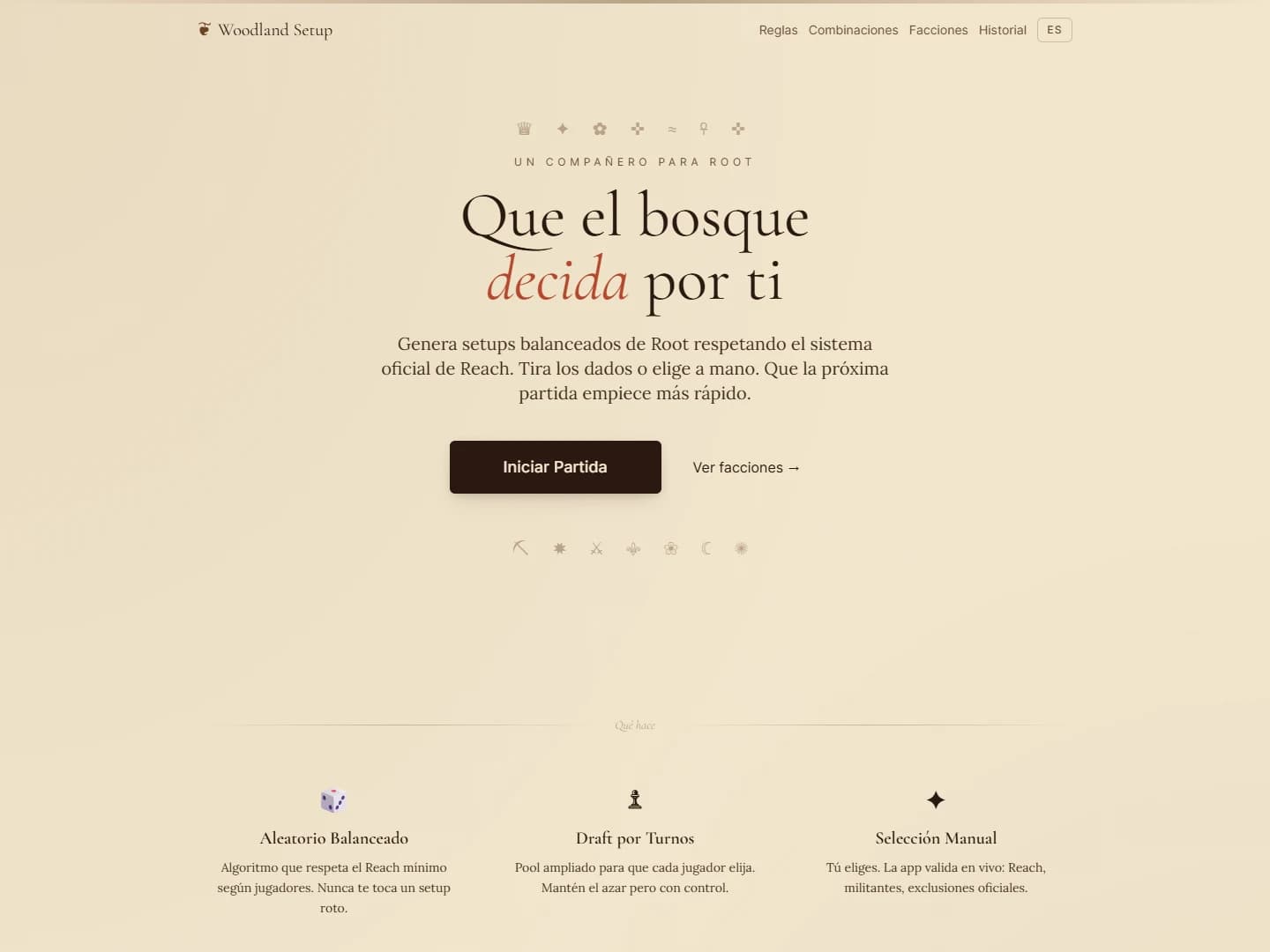 Woodland Setup's Spanish homepage and game setup modes